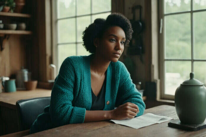 A woman with natural curls taking a thoughtful break at a table.