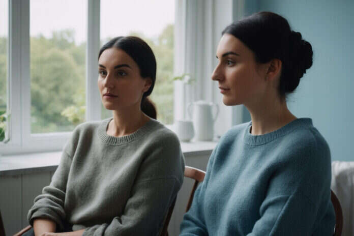 Two partners having a calm attentive conversation with comfortable space.