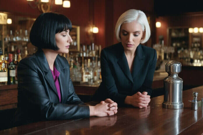 Two women having a serious conversation at an unlettered bar counter.