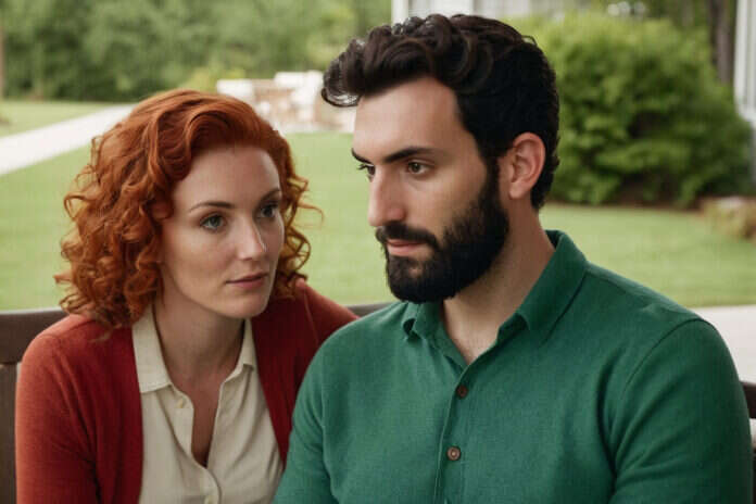 A woman with red curls and a man with dark hair talking in a garden.