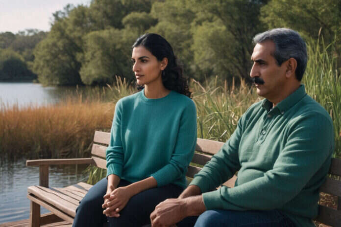 Two partners having a calm attentive conversation with comfortable space.