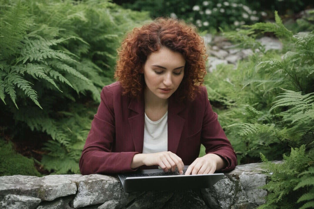 A person reflecting away from a face-down phone and closed laptop.