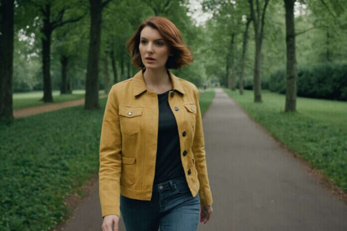 A woman with an auburn bob walking along a wooded park path.