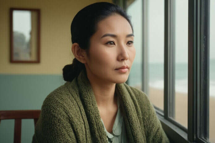 Woman sitting quietly beside a bright window.