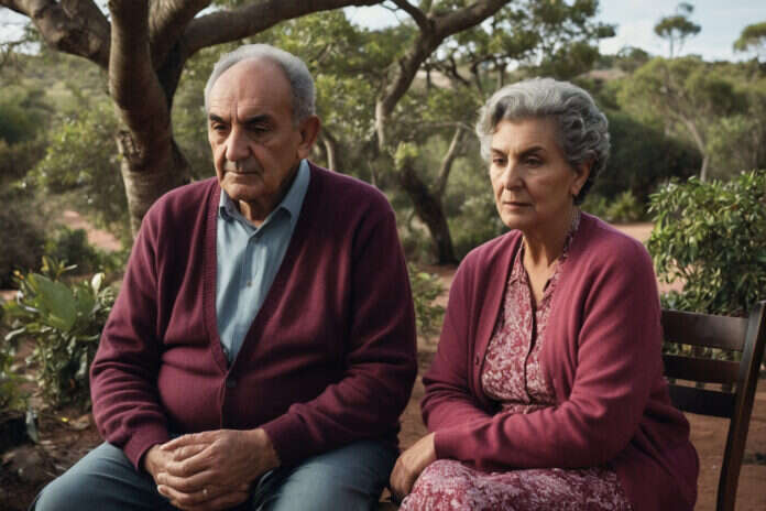 Two older adults sitting together on a bench.