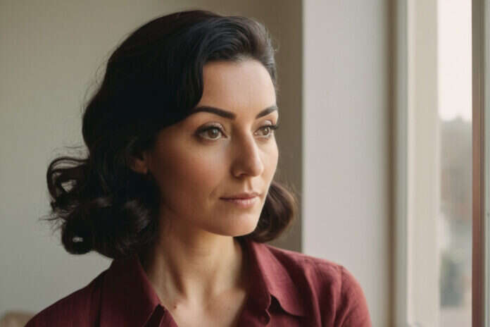 Woman sitting quietly beside a bright window.