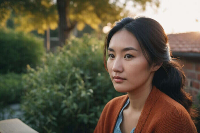 Woman sitting quietly beside a bright window.