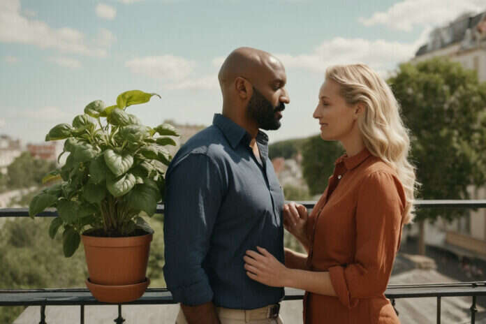 Two adults talking on a balcony beside a basil plant.