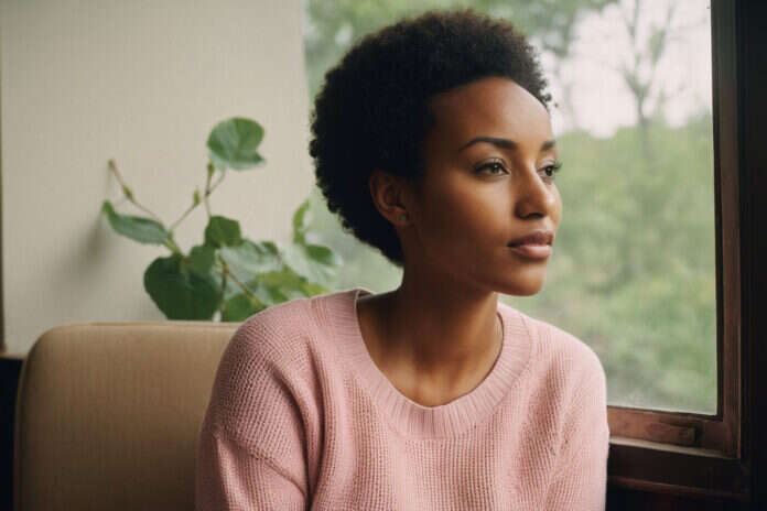 Woman in a pink blouse beside greenery.
