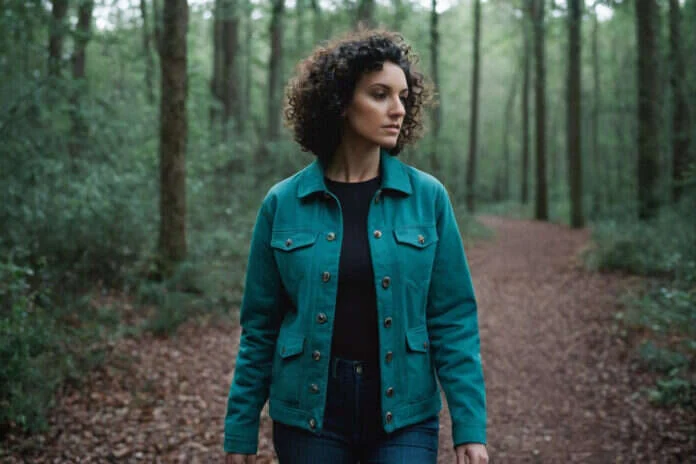 A woman with short curls and a teal jacket walking through woods.
