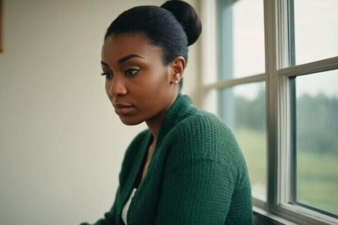Woman sitting quietly beside a bright window.