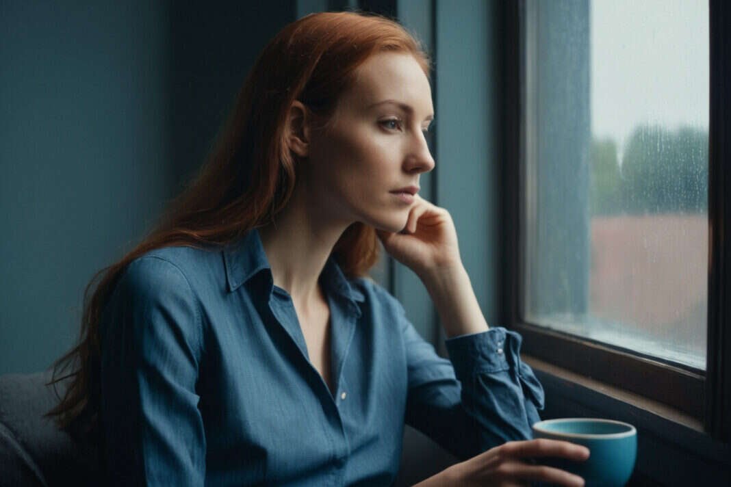 A woman with long red hair reflecting beside a rain-speckled window.