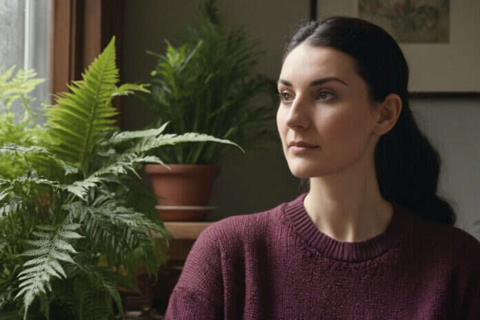 Woman sitting quietly beside a bright window.