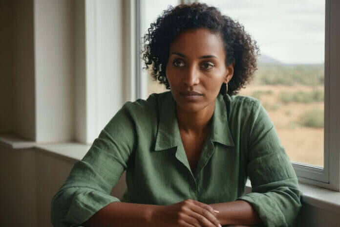 Woman sitting quietly beside a bright window.