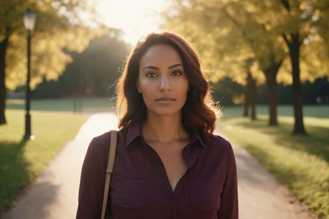 Woman walking along a leafy park path.
