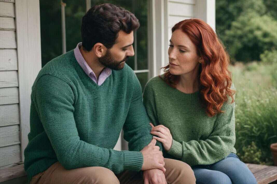 Two adults talking closely together on a porch.