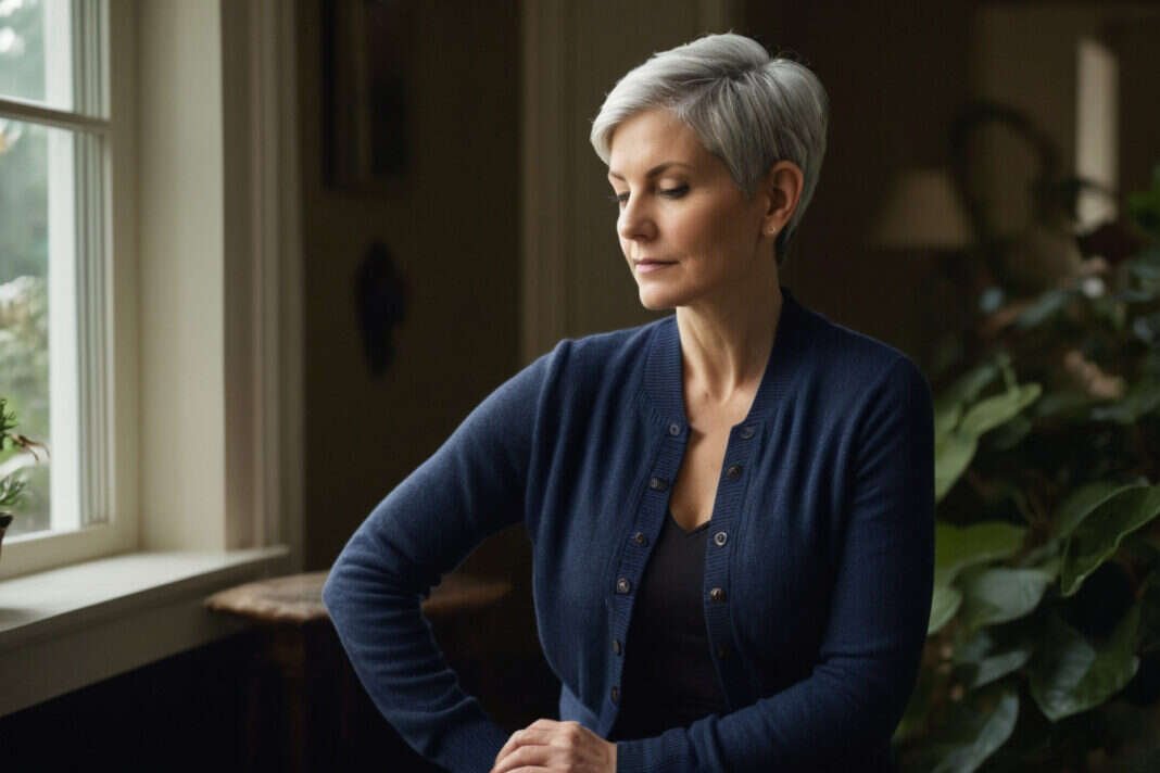 A woman with short silver hair reflecting beside a bright window.