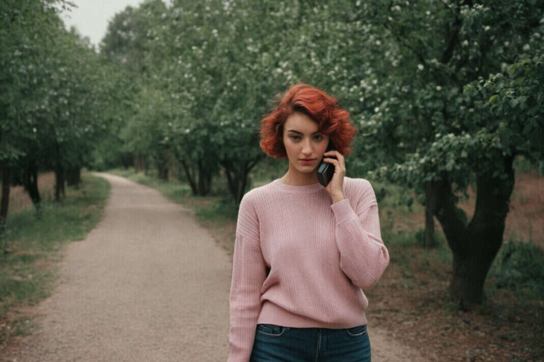 Woman walking along a leafy park path.