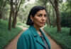 Still Single at 40: Rewriting the Shame of Timing Woman walking along a leafy park path.