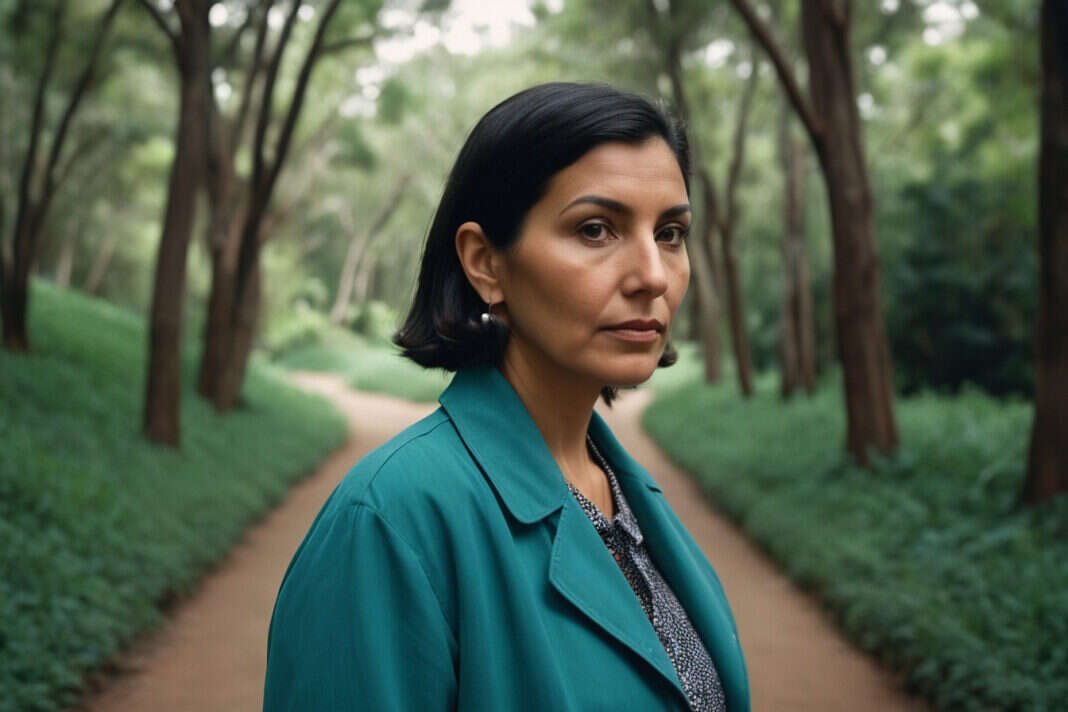 Woman walking along a leafy park path.