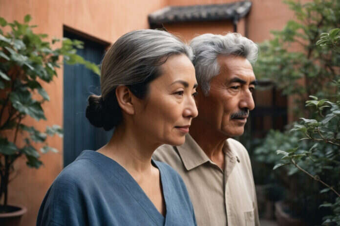 Two adults sitting together in a leafy garden.