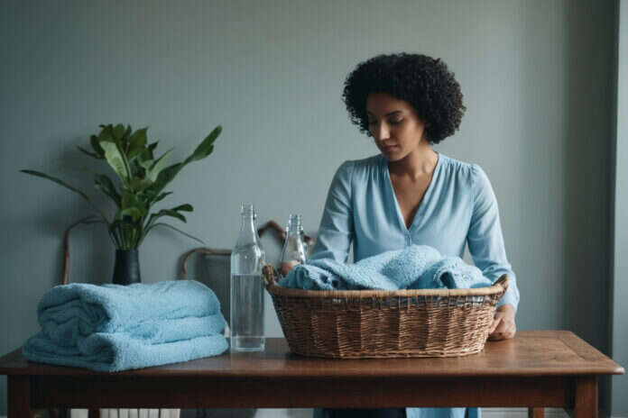 A woman preparing a basket of plain towels and clear water bottles.