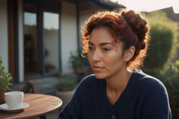 Woman holding a plain ceramic cup.