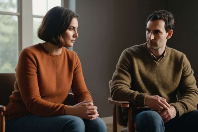 Two adults having a thoughtful conversation in a quiet room.