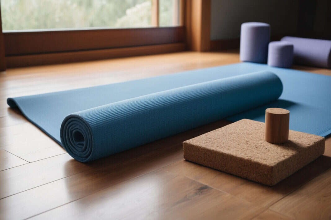 A rolled yoga mat, plain cork blocks and a bolster beside a window.