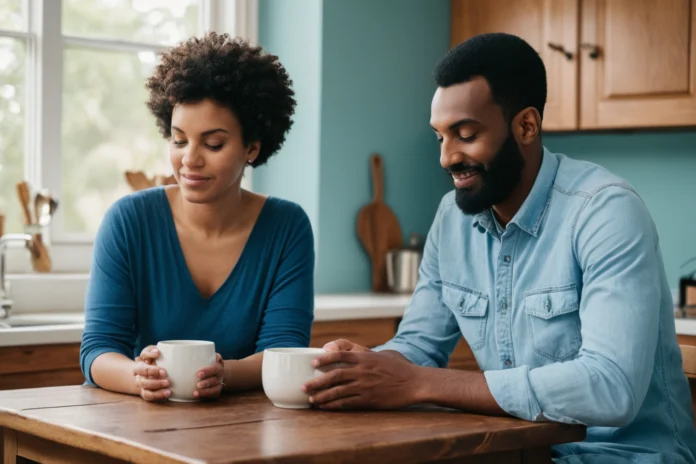 Two partners sharing a calm conversation over plain mugs at a kitchen table.