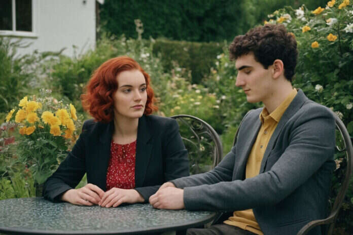 A woman with red curls and a man with dark curls talking at a garden table.