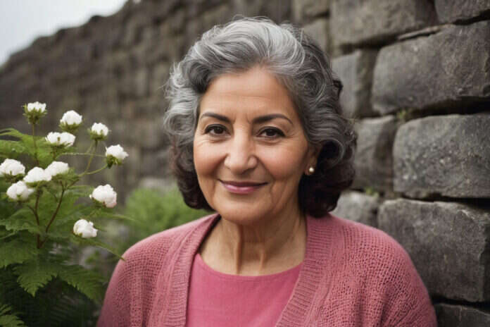 Mature woman sitting beside roses.