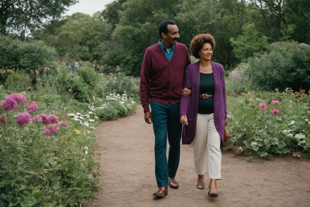 Two adults walking together through a garden.