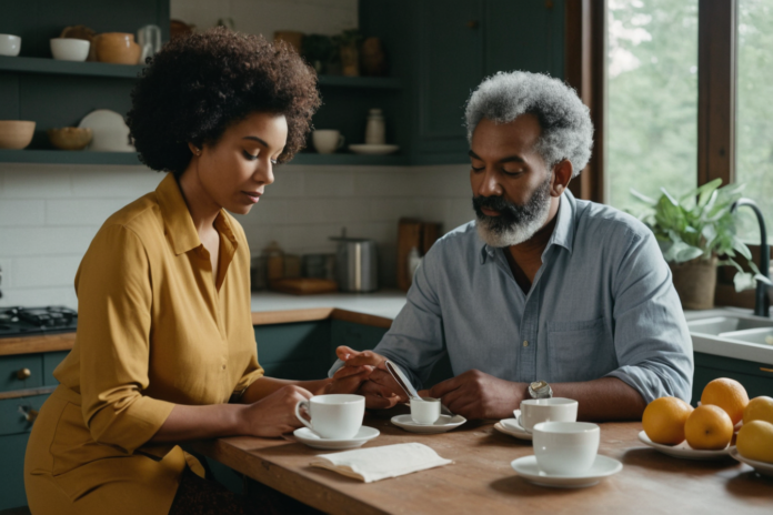 An older couple sharing an attentive morning conversation at home.