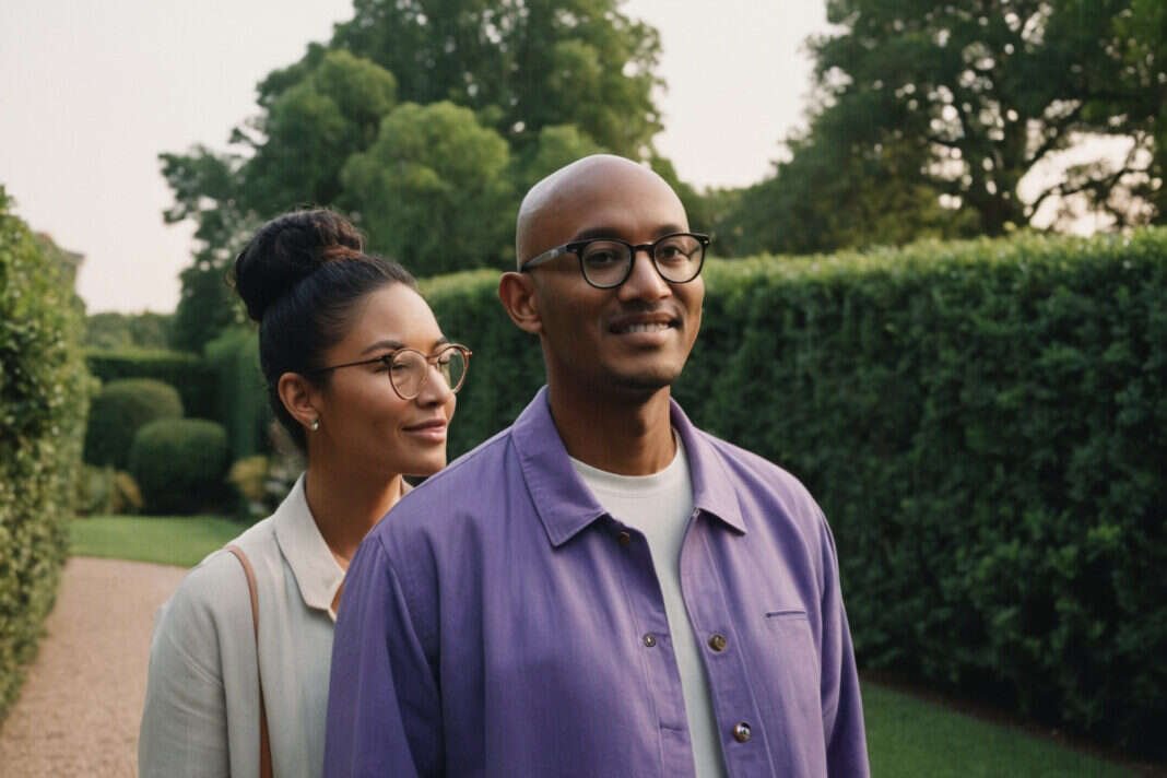 Two adults walking together through a garden.