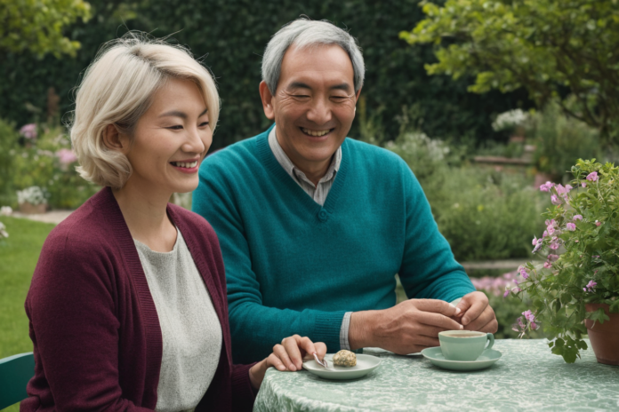 Two adults enjoying a gentle first date in a garden courtyard.