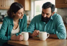 AI Relationship Advice: The Things Couples Wish They Had Understood Earlier Two adults sitting at a kitchen table holding plain white cups.
