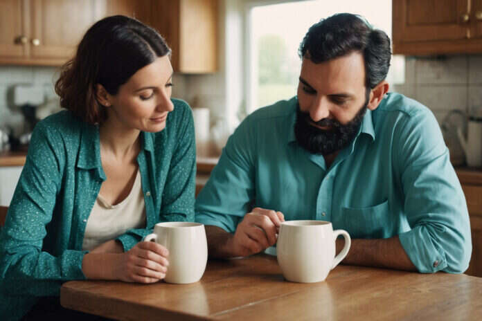 Two adults sitting at a kitchen table holding plain white cups.