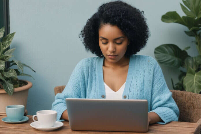 AI Dating Advice: What Actually Helps When Modern Dating Feels Exhausting — featured image Woman sitting beside a laptop with its plain back facing the camera.