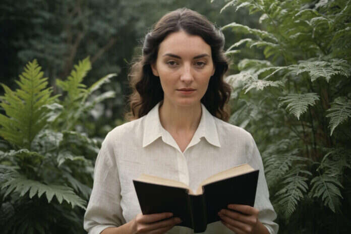 Woman holding a book with blank pages.