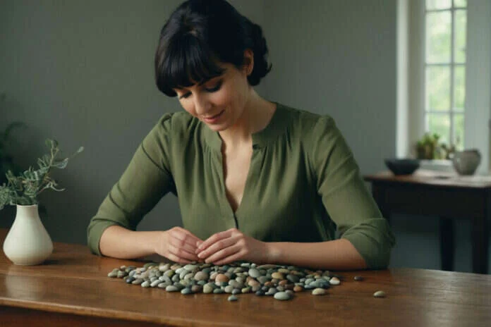 A woman arranging smooth stones during a mood and habit check-in.