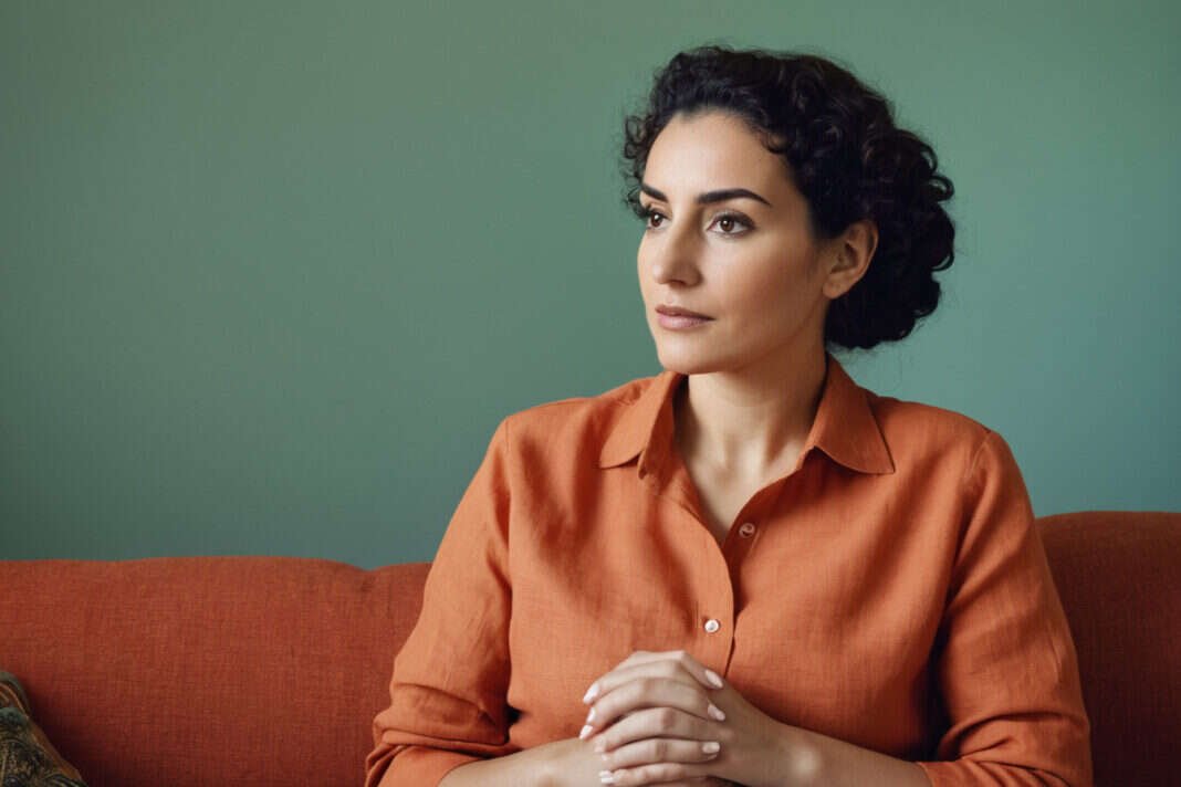 Woman sitting quietly in a bright room.