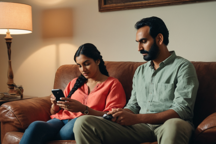 When Easy Love Turns into Emotional Laziness — featured image One partner seeking attention while the other is distracted by a phone.