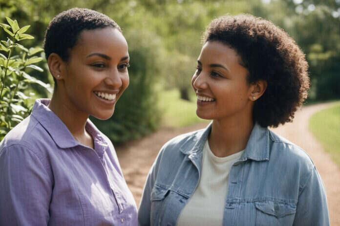 Two women talking in a quiet setting.
