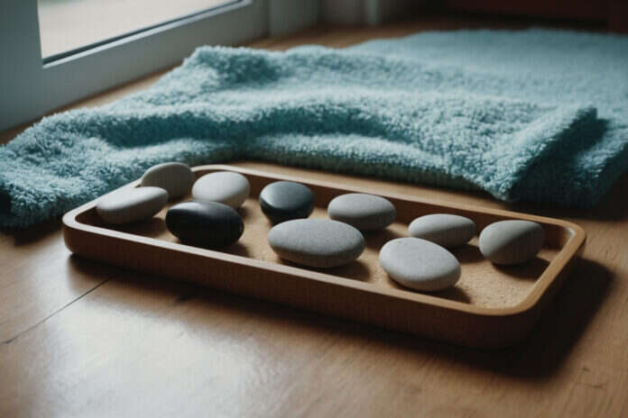 Colored stones beside walking shoes, a towel and water representing gentle habit tracking.