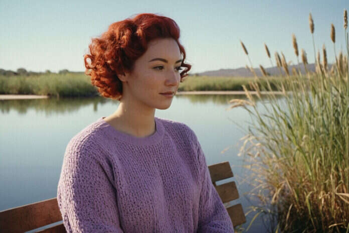 Woman standing beside a lake.