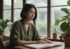 When a Wellness Planner Becomes Another Standard to Fail A woman pausing beside her planning notebooks when routines feel overwhelming.
