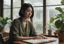 When a Wellness Planner Becomes Another Standard to Fail A woman pausing beside her planning notebooks when routines feel overwhelming.