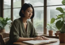 When a Wellness Planner Becomes Another Standard to Fail A woman pausing beside her planning notebooks when routines feel overwhelming.