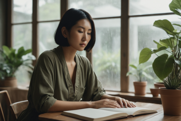 A woman pausing beside her planning notebooks when routines feel overwhelming.